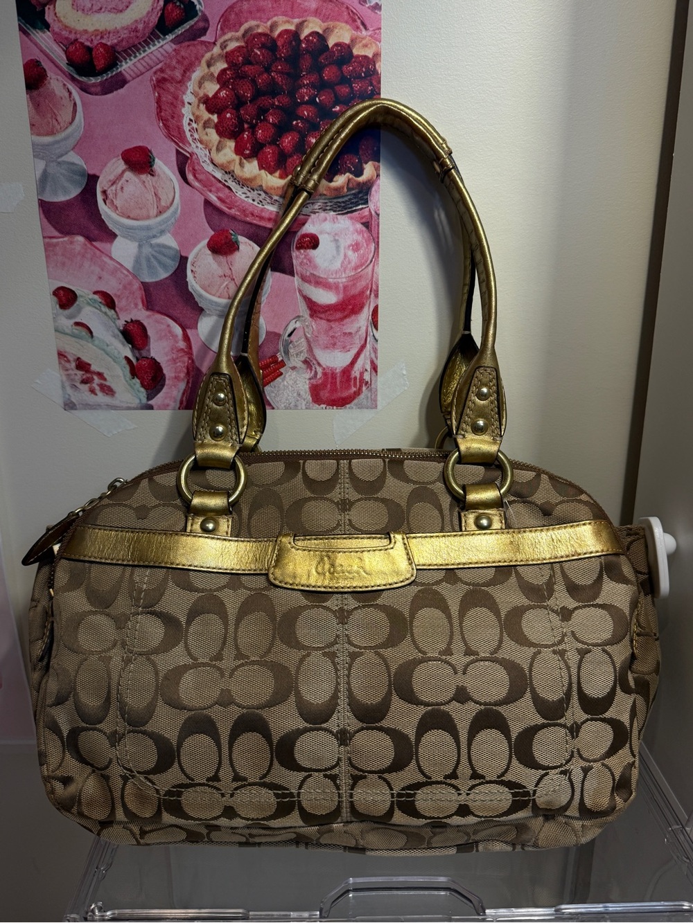 Coach Beige Signature Canvas Shoulder Bag with Gold Trim